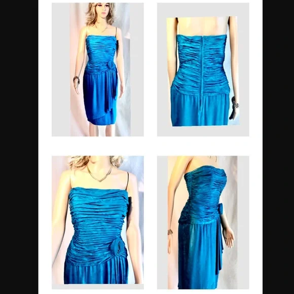 AJ BARI Vintage Blue Strapless mini cocktail dress Ruching Draping Quiet Luxury - Picture 3 of 13